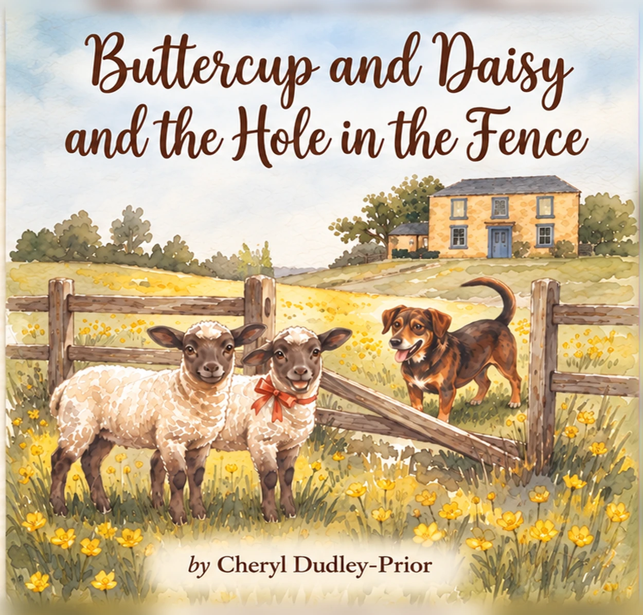 Actual book cover of Buttercup and Daisy and the Hole in the Fence, featuring two woolly lambs and Cooper the dog in a buttercup-filled English meadow