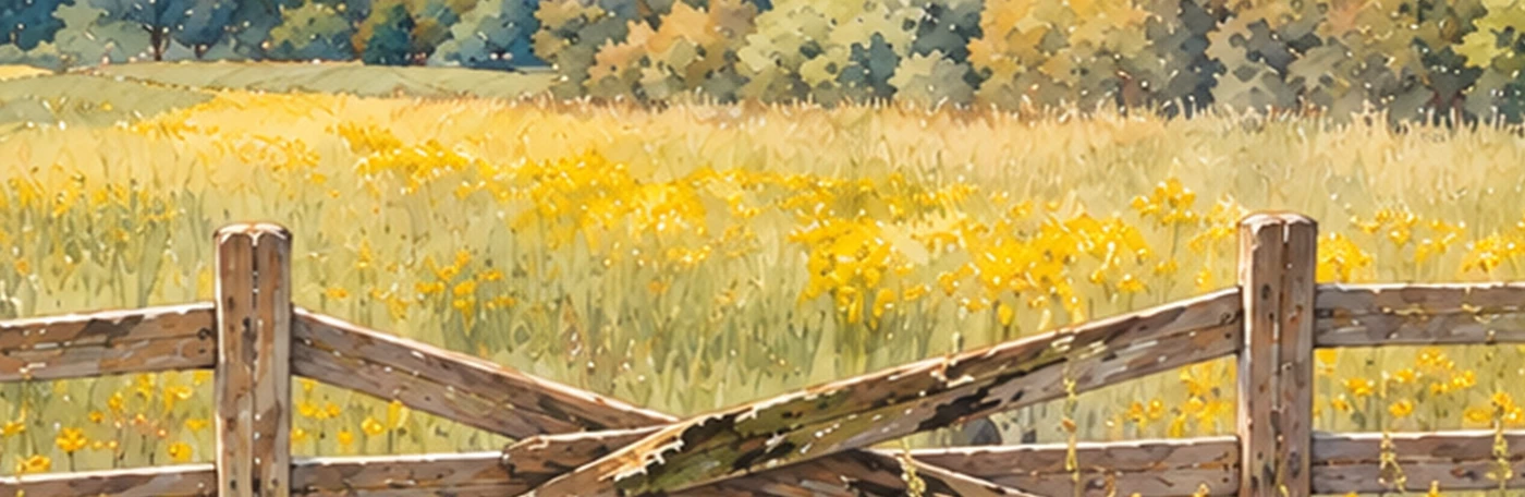 Watercolor meadow and wooden fence from the original Buttercup and Daisy book artwork